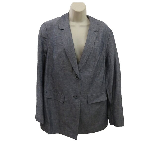 Lane Bryant Women Blazer Jacket 16 Linen Chambray Blue Lined Casual Flap Pockets - Picture 1 of 8